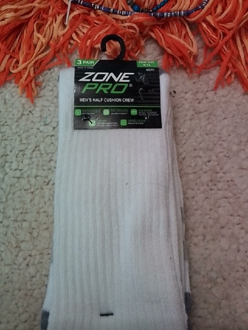 Zone Pro White Men’s Half Cushion Crew Socks - 3 Pack
